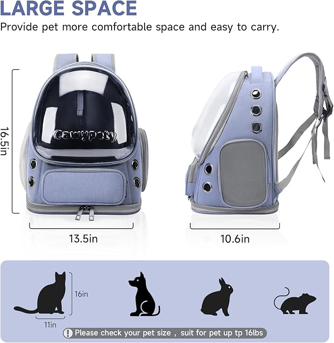 Cat Backpack Carrier, Breathable Cat Carrier Large Space Bubble Pet Backpack for Kitty Small Dog up to 12lbs, Transparent &amp; Foldable Pet Carrier for Travel Hiking (Blue
