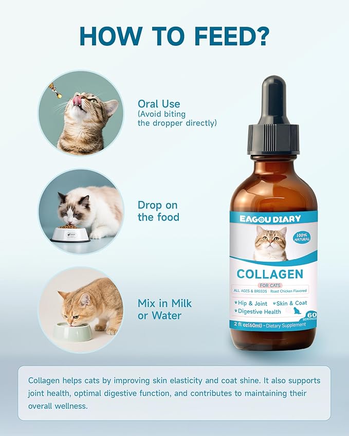 Collagen for Cats - Hip and Joint Supplement, Digestive &amp; Immunity Support, Skin &amp; Coat Health, Liquid Collagen for Cats with MSM, Glucosamine, Coconut Oil, Vitamin E, Roast Chicken Flavored, 60ml
