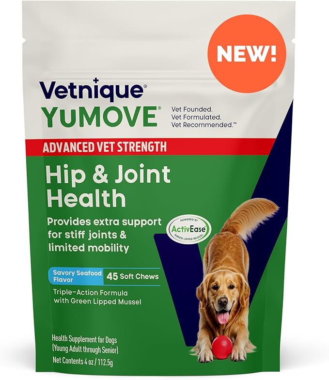 YuMOVE Hip &amp; Joint Supplement for Dogs with Glucosamine, Hyaluronic Acid, Green Lipped Mussel &amp; Omega 3 Joint Supplement - Regular or Advanced Strength (45ct, Advanced Vet Strength Soft Chews)