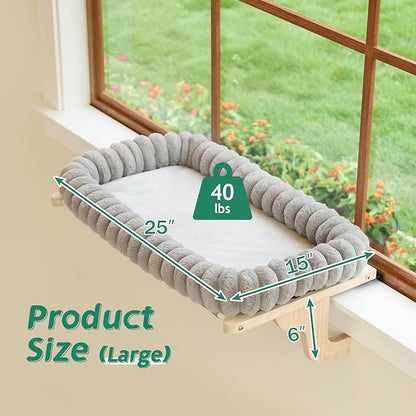 SnugCloud Cat Window Perch with 4-Sided Bolster - Orthopedic Cat Hammock for Window Sill - Solid Hardwood &amp; Metal Frame - Window Seat for Pets (Natural Color Wood w/Gray Bed, Large)