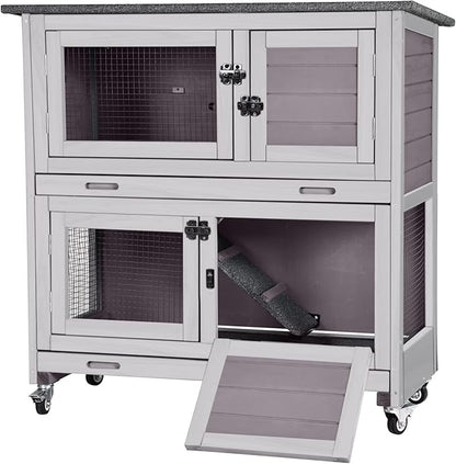 Rabbit Hutch Bunny Cage, Guinea Pig Cage Bunny Hutch Indoor, Wood Pet Cage with 4 Casters -2 Story &amp; 2 Trays