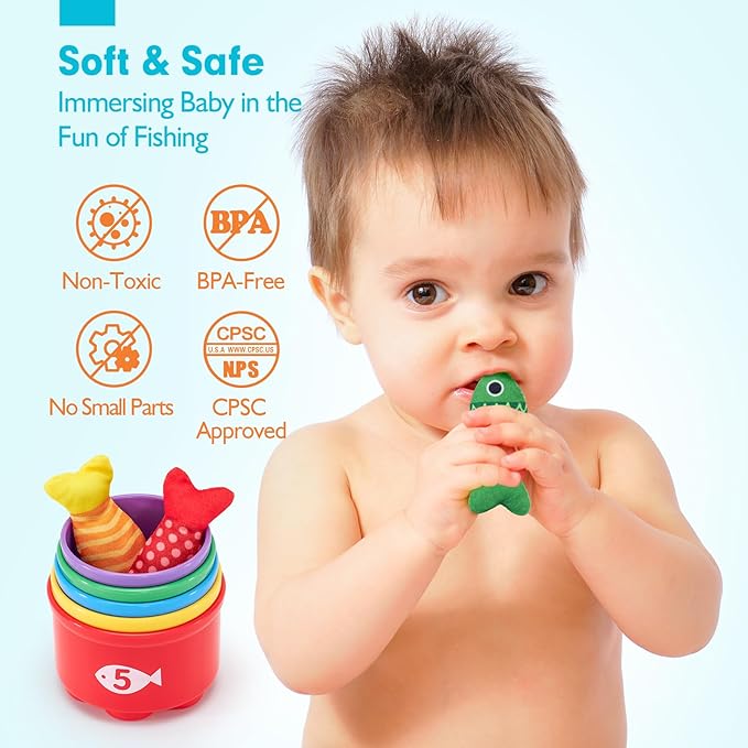 hahaland Montessori Toys for 1 Year Old - 10 in 1 Cloth Toddler Fishing Game with Stacking Cups, Baby Toy 12-18 Months One Year Old Boy Birthday Gift, Toddler Toys for 1 2 Year Old Boy Girl Gifts