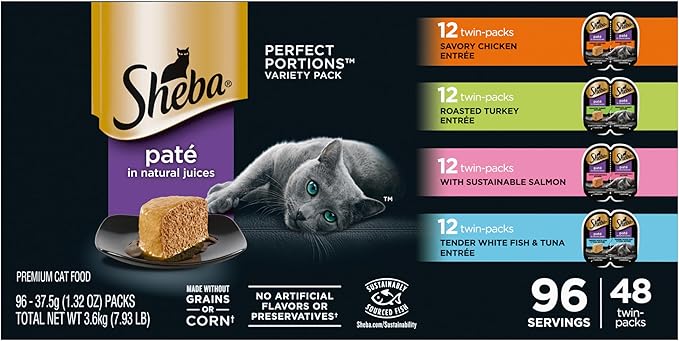 Sheba Perfect Portions Wet Cat Food Pate Savory Chicken, Roasted Turkey, with Sustainable Salmon, and Tender Whitefish &amp; Tuna Variety Pack, 2.6 oz. Twin-Pack Trays (48 Count, 96 Servings)