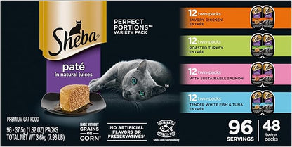 Sheba Perfect Portions Wet Cat Food Pate Savory Chicken, Roasted Turkey, with Sustainable Salmon, and Tender Whitefish &amp; Tuna Variety Pack, 2.6 oz. Twin-Pack Trays (48 Count, 96 Servings)