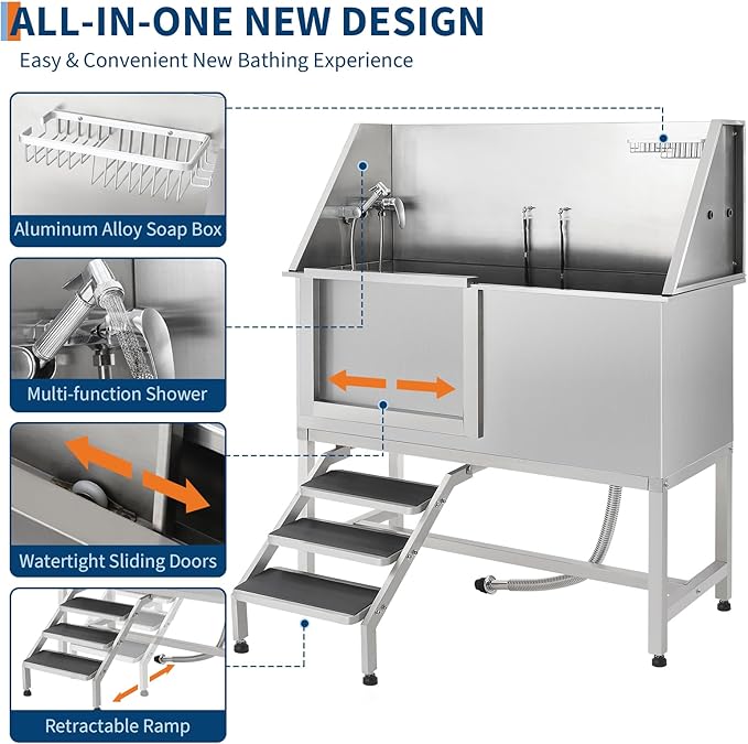 Stainless Steel Dog Washing Station - Dog Bath Tub for Large, Medium, Small Dogs, Pet Grooming Tub with Ramp, Non-Slip Grate, Shower, Soap Box, Faucet, Drain for Home &amp; Outdoor （Left RAMP, 62"）