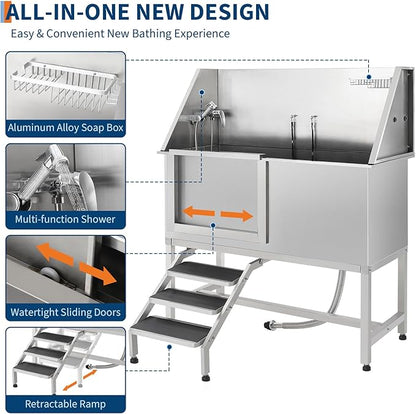Stainless Steel Dog Washing Station - Dog Bath Tub for Large, Medium, Small Dogs, Pet Grooming Tub with Ramp, Non-Slip Grate, Shower, Soap Box, Faucet, Drain for Home &amp; Outdoor （Left RAMP, 62"）