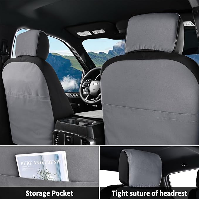 Coverado Front Seat Covers, Waterproof Canvas Seat Protector for Car Seat Cushions for Kids &amp; Dogs, Seat Covers Compatible with 2015-2025 Ford F150 &amp; 2017-2025 Ford F250 F350 F450(Gray, 2PCS)
