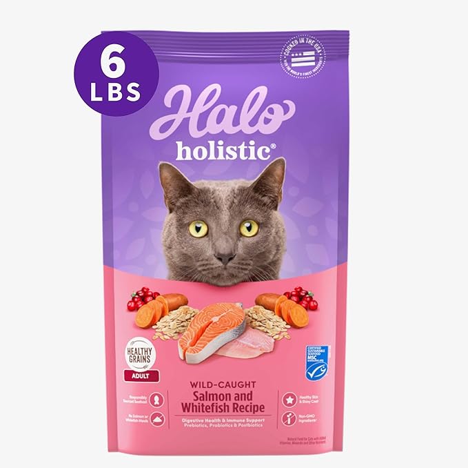 Halo Holistic Cat Food Wild Caught Salmon &amp; Whitefish Formula, Healthy Grains Dry Cat Food, Complete Digestive Health, Kibble for Adult Cats, 6 lb Bag