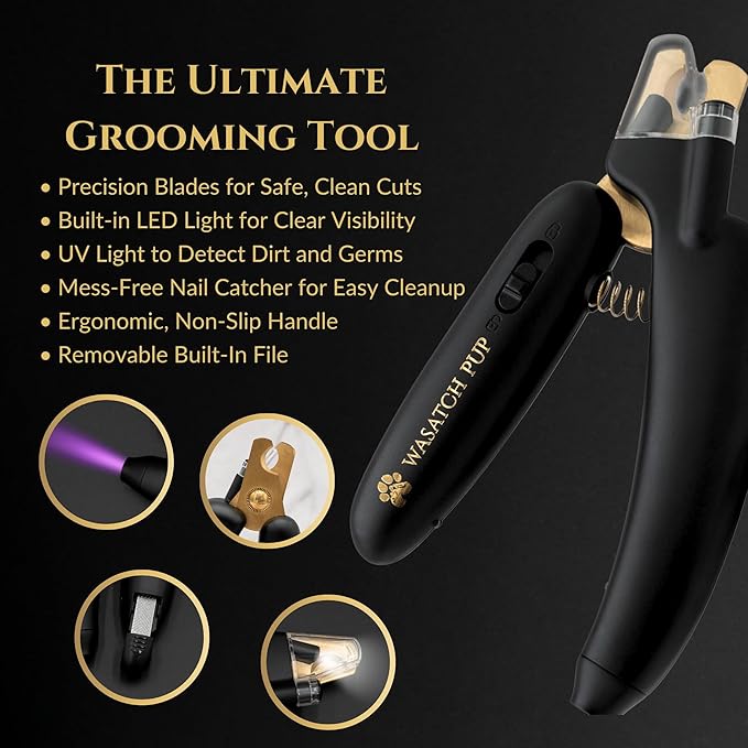 3-in-1 Dog Nail Trimmers and Pet Nail Clippers - Professional Grade with Stainless Steel Blades, LED &amp; UV Light, and Nail Filer for Safety &amp; Precise Toenail Pet Grooming - S to M Dogs