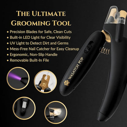 3-in-1 Dog Nail Trimmers and Pet Nail Clippers - Professional Grade with Stainless Steel Blades, LED &amp; UV Light, and Nail Filer for Safety &amp; Precise Toenail Pet Grooming - S to M Dogs
