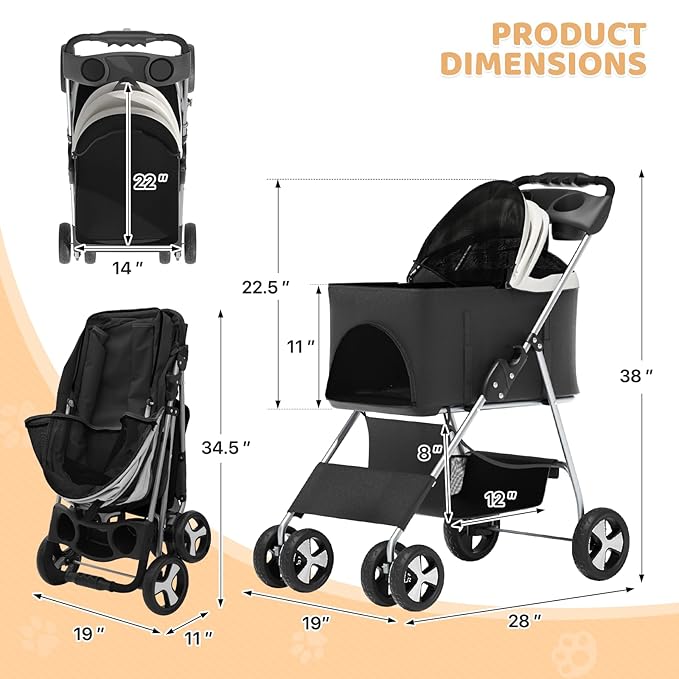 Magshion Foldable Pet Stroller, 3-in-1 Dog Travel Jogger with Detachable Carrier, Cup Holder, Storage Basket, Folding Carrier for Small/Medium Dogs &amp; Cats Up to 33 lbs, Black