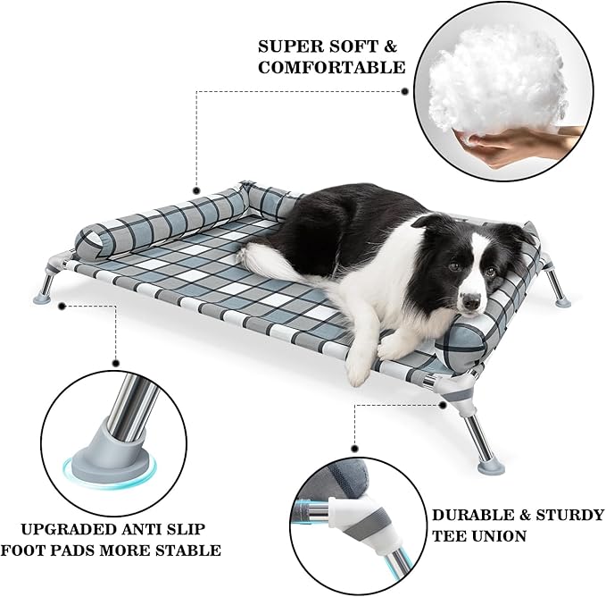 Elevated Raised Dog Bed Cot - Cooling Raised Dog Bed with Bolster Portable Washable Pet Hammock with Pillows &amp; Metal Frame for Indoor &amp; Outdoor, Large