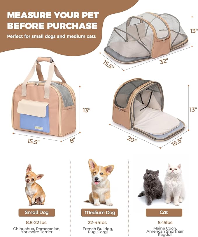 Expandable Pet Carrier Backpack, Cat Carrier Backpacks with Breathable Mesh for Cats Small Dogs Puppies Up to 25 Lbs Airline Approved Waterproof Travel Carrier with Safety Buckle for Hiking &amp; Flights