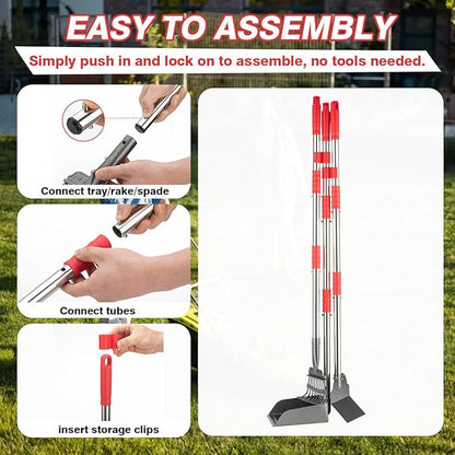 Pooper Scooper, Long Handle Dog Pooper Scooper, Heavy Duty Stainless Steel Rake with Tray &amp; Spade Set for Pet Waste Removal, for Grass, Dirt or Gravel