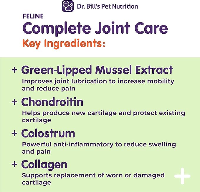 Dr. Bill’s Feline Complete Joint Care | Advanced Hip &amp; Joint Supplement for Cats | Green Lipped Mussel Extract, Collagen Type II, Chondroitin, Hyaluronic Acid, Omega 3 and Colostrum | Powder, 85g