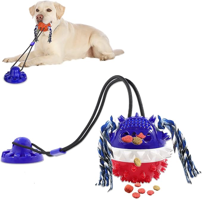 Aggressive Chewer Dog Toys - Rope Toys with Suction Cup, Teething Treats &amp; Puzzle Food Dispensing Ball (Navy Blue)