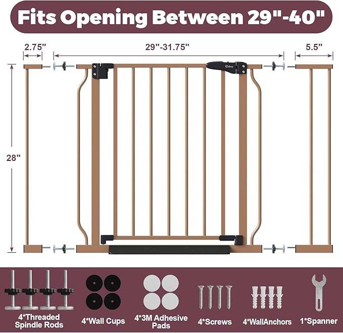 29"-40" Baby Gate for Stairs, Auto Close Stroller Friendly Dog Gate Indoor for Doorways, Pressure Mounted Baby Gate, Easy Walk Through Gate for Children &amp; Pets, Brown