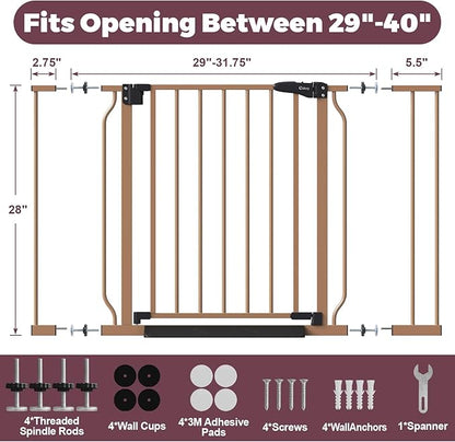 29"-40" Baby Gate for Stairs, Auto Close Stroller Friendly Dog Gate Indoor for Doorways, Pressure Mounted Baby Gate, Easy Walk Through Gate for Children &amp; Pets, Brown