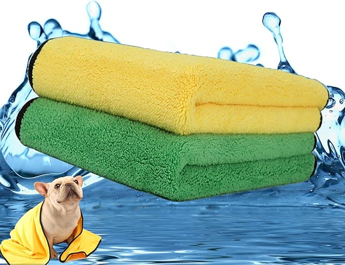 2 Pack Dog Towels Super Absorbent Pet Bath Towel Microfiber Dog Drying Towel for Small Medium Large Dogs and Cats, Machine Washable, 19.7Inch x 39.4Inch, Yellow-Grey &amp; Green-Grey