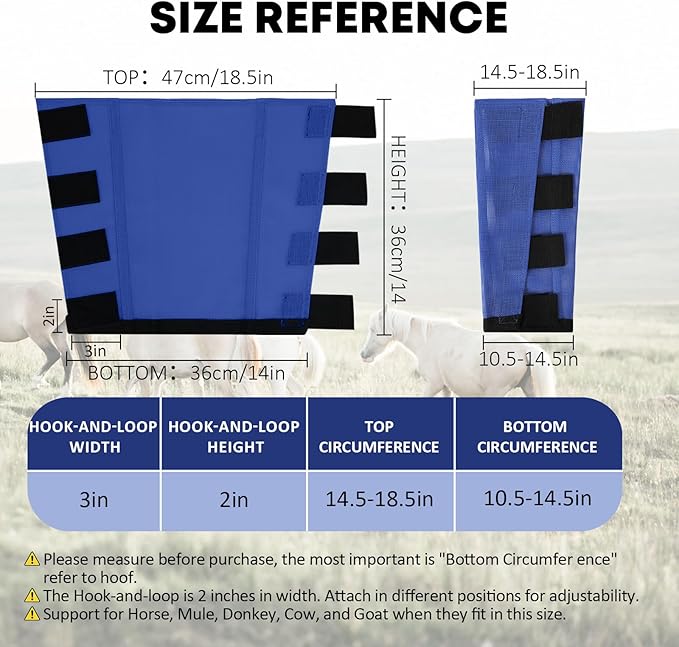 Premium 4-Pack Horse Fly Boots &amp; Leggings Loose-Fit Fine Mesh with Stay-On Fasteners, Support Strips &amp; Anti-Stomp Design Breathable Non-Slip Protection Leg Wrap (Large) Royal Blue