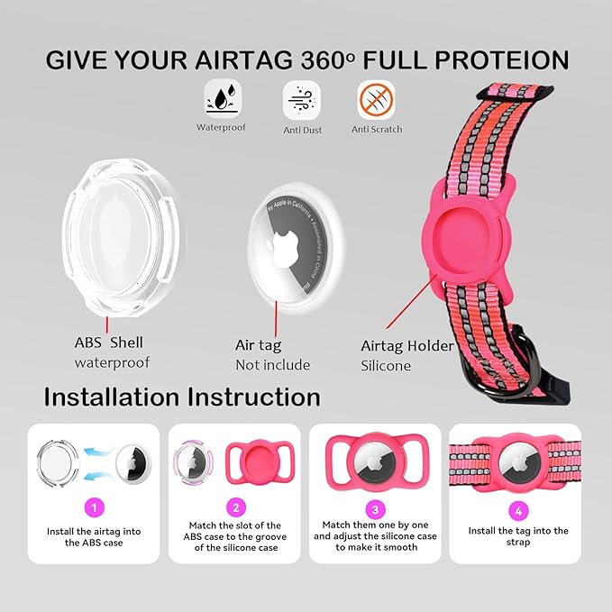 Reflective Dog Collar with Apple AirTag Holder &amp; QR Code Pet ID Tag,Soft Nylon Adjustable Dog Tracker Collar with Safety Lock for Medium Dogs (Rose Red, M)