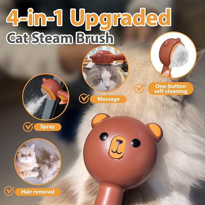 Cat Steam Brush with 2 Spray Levels &amp; Release Button, 4-in-1 IPX7 Waterproof Water Brush for Shedding Grooming, Pet Hair Removal Comb for Long Short Haired Cats Dogs, Self Cleaning Slicker