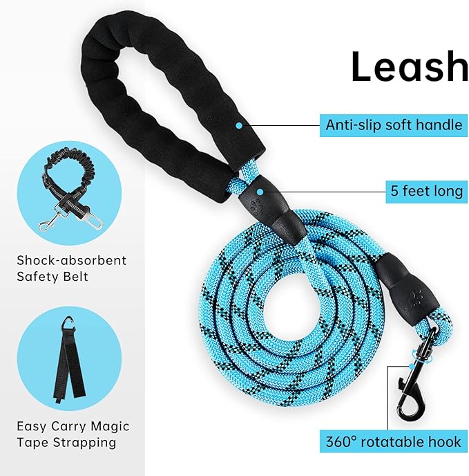 IVY&amp;LANE No Pull Dog Harness for Large Dogs, Dog Vest Harness with Leash, Safety Belt and Storage Strap, Fully Adjustable Harness, 360° Reflective Strip, Soft Handle (Blue, L)
