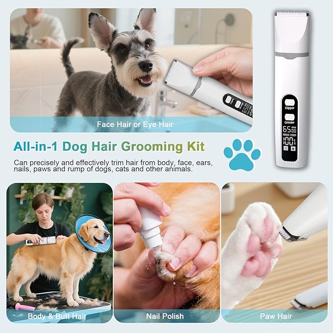 4 in 1 Dog Clippers Grooming Kit with LED Screen, Cordless Quiet Paw Trimmer &amp; Nail Grinder, Rechargeable Waterproof Feet Ear Body Hair Shaver for Cats Dogs Pet Supplies