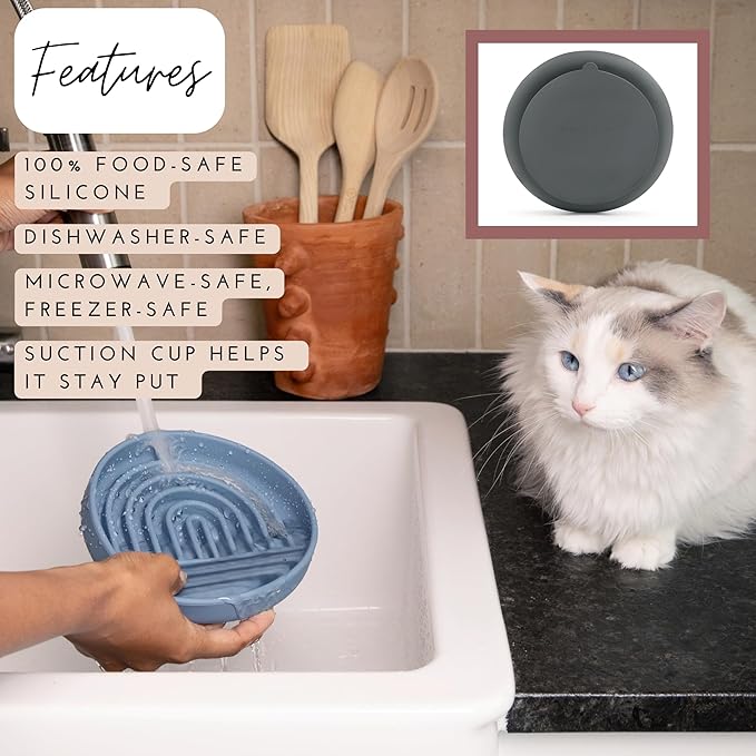 The Slowdown Bowl Silicone Slow Feeder for Cats &amp; Kittens, Slow Eating Mealtime Solution with Modern Lick Mat Design, Reduces Gulping, Fits 1 Cup 6” Across x 1.25” Tall, Small-Tan