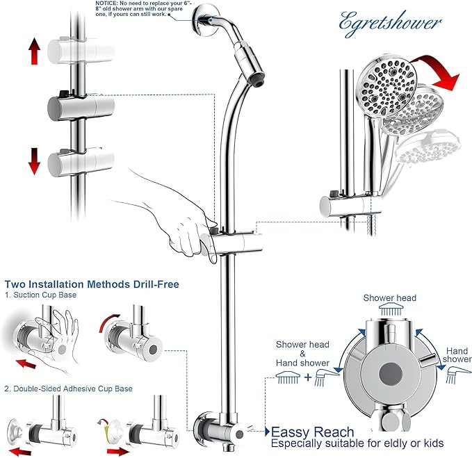High Pressure Handheld/Rain 82-mode 3-way Shower Head Combo with 25.75" Adjustable Drill-free Stainless Steel Slide Bar, Pet &amp; Tub Power Wash and Anti-clog Nozzles, with 5ft Hose - Polished Chrome