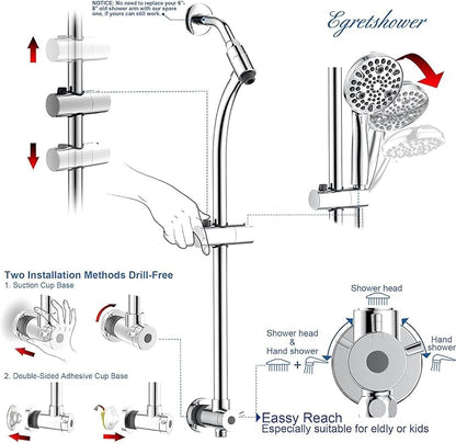 High Pressure Handheld/Rain 82-mode 3-way Shower Head Combo with 25.75" Adjustable Drill-free Stainless Steel Slide Bar, Pet &amp; Tub Power Wash and Anti-clog Nozzles, with 5ft Hose - Polished Chrome