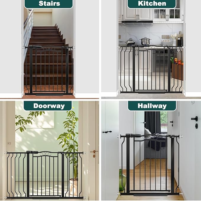 29.53"-43.30" Mornyray Auto-Close Baby Gate Extra Wide, Pressure Mounted Dog &amp; Pet Gate for Stairs Doorways, No Drill Safety Barrier with Lace Design, Metal Child Proof Gate Indoor Outdoor, Black