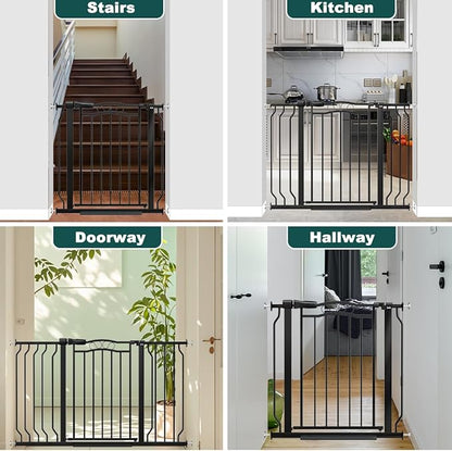 29.53"-43.30" Mornyray Auto-Close Baby Gate Extra Wide, Pressure Mounted Dog &amp; Pet Gate for Stairs Doorways, No Drill Safety Barrier with Lace Design, Metal Child Proof Gate Indoor Outdoor, Black