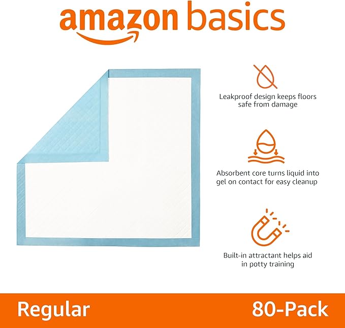 Amazon Basics Heavy Duty Dog and Puppy Pee Pads, 5-Layer Leak-Proof Ultra Absorbent, Quick-Dry Surface, Potty Training, Regular (24x23"), 50 Count, Blue &amp; White