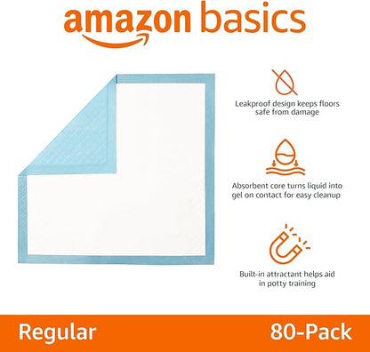 Amazon Basics Heavy Duty Dog and Puppy Pee Pads, 5-Layer Leak-Proof Ultra Absorbent, Quick-Dry Surface, Potty Training, Regular (24x23"), 50 Count, Blue &amp; White