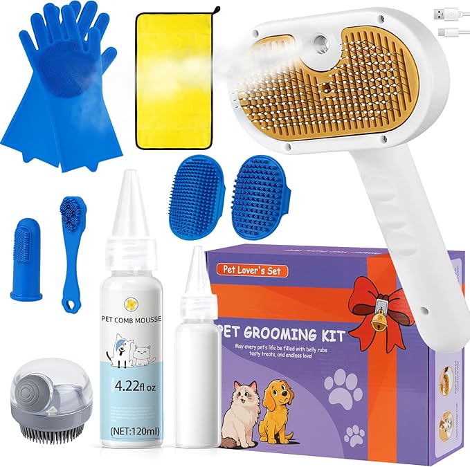 3-in-1 Pet Steam Brush Set for Dogs &amp; Cats, Grooming Comb with Spray, Defur Tool, Water-Free Shampoo, Bath Gloves,Bath Brush, Tooth &amp; Ear Brush, Towel (11PCS)