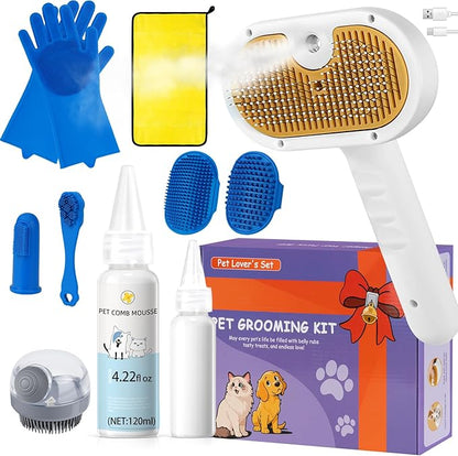 3-in-1 Pet Steam Brush Set for Dogs &amp; Cats, Grooming Comb with Spray, Defur Tool, Water-Free Shampoo, Bath Gloves,Bath Brush, Tooth &amp; Ear Brush, Towel (11PCS)