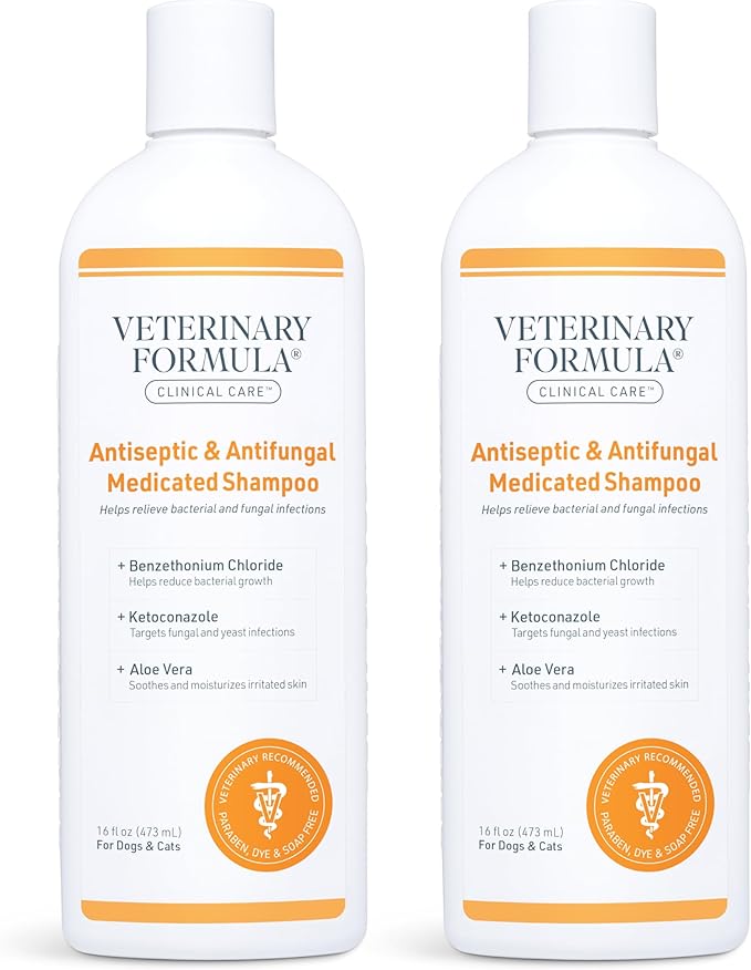 Veterinary Formula Clinical Care Antiseptic and Antifungal Medicated Shampoo for Dogs &amp; Cats, 16 Fl Oz – Helps Alleviate Scaly, Greasy, red Skin – Paraben, Dye, Soap-Free (2 Pack)