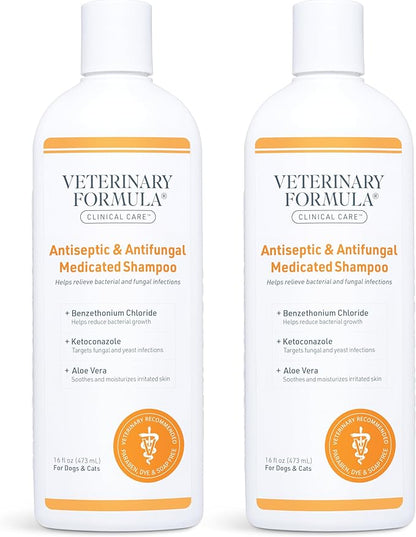 Veterinary Formula Clinical Care Antiseptic and Antifungal Medicated Shampoo for Dogs &amp; Cats, 16 Fl Oz – Helps Alleviate Scaly, Greasy, red Skin – Paraben, Dye, Soap-Free (2 Pack)