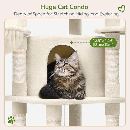 Globlazer Corner Cat Tree Tower with Scratching Post for Indoor Cats, 51in Plush Multi-Level Cat Tower with Large Hammock, Fan-Shaped Padded Perch, Spacious Cat Condo, Hanging Basket, C51, Light Beige