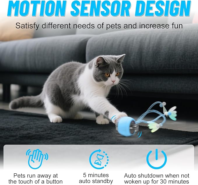 Interactive Cat Toy Ball for Indoor Cats with Mesh Tail &amp; Foils, Automatic Rolling Three Modes Agile Moving Cat Ball to Keep Them Busy Rechargeable, Blue