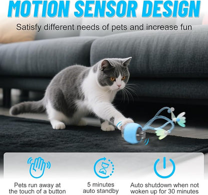Interactive Cat Toy Ball for Indoor Cats with Mesh Tail &amp; Foils, Automatic Rolling Three Modes Agile Moving Cat Ball to Keep Them Busy Rechargeable, Blue