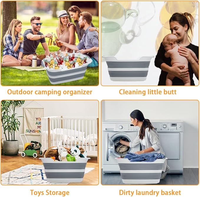Collapsible Pet Bathtub, 7.1 Gal (27L) - Foldable Bathing Tub with Drain Plug for Dogs &amp; Cats Under 30 lbs - Multi-Use as Laundry Basket, Storage Organizer, Camping Sink (Grey)