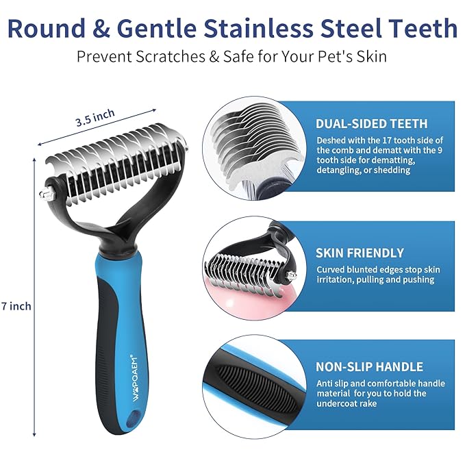 5 in 1 Dog Grooming Kit - Self-Cleaning Slicker Brush for Shedding Short Long Haired Dogs &amp; Cats, Includes Pet Comb, Flea Comb, Bath Brush, Undercoat Rake - Complete Fur Care Set - Blue