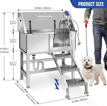 Stainless Steel Dog Washing Station, Pet Grooming Tub W/Storage Stairs, Faucet &amp; Showerhead &amp; Soap Holder Dog Bathtub for Large &amp; Medium &amp; Small Pets,34" R-RAMP