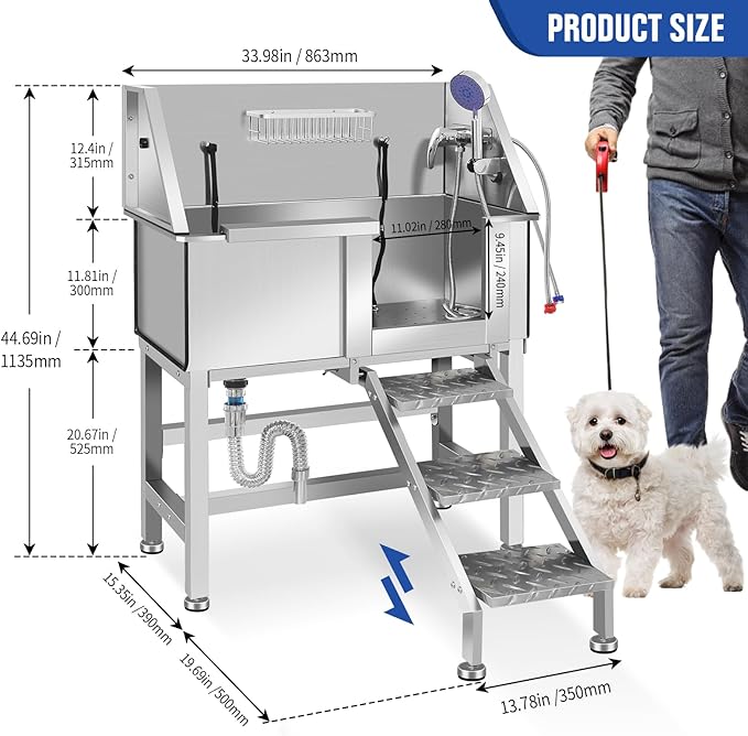 Professional Stainless Steel Dog Bathing Station, Dog Grooming Tub, with Stairs, Floor Grate &amp; Faucet for Dog Bathtub for Large, Medium &amp; Small Pets,34" R-RAMP