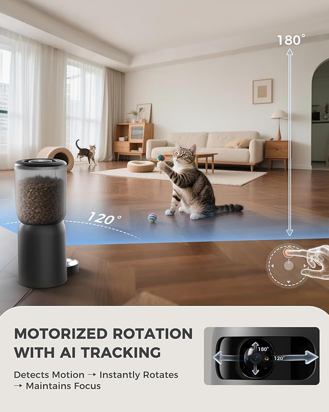 AI Cat Feeder with Dual Cameras (1 Adjustable), 2K HD Night Vision, 5G/2.4G WiFi, 6L Automatic Pet Feeder with APP Control, Laser Interactive Toy, Two-Way Audio &amp; Scheduled Feeding
