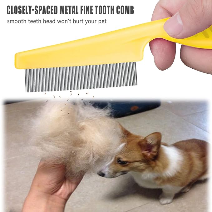 Cat &amp; Dog Comb Set - Fine Tooth Grooming Comb for Dandruff &amp; Hair Removal (Yellow)