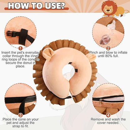 KOOLTAIL Inflatable Dog Cone Collar, Soft Dog Cone Alternative for Large Medium Small Dogs After Surgery, Adjustable Donut Neck Cone for Dogs Cats, Recovery E Collar with Enhanced Anti-Licking,Lion M