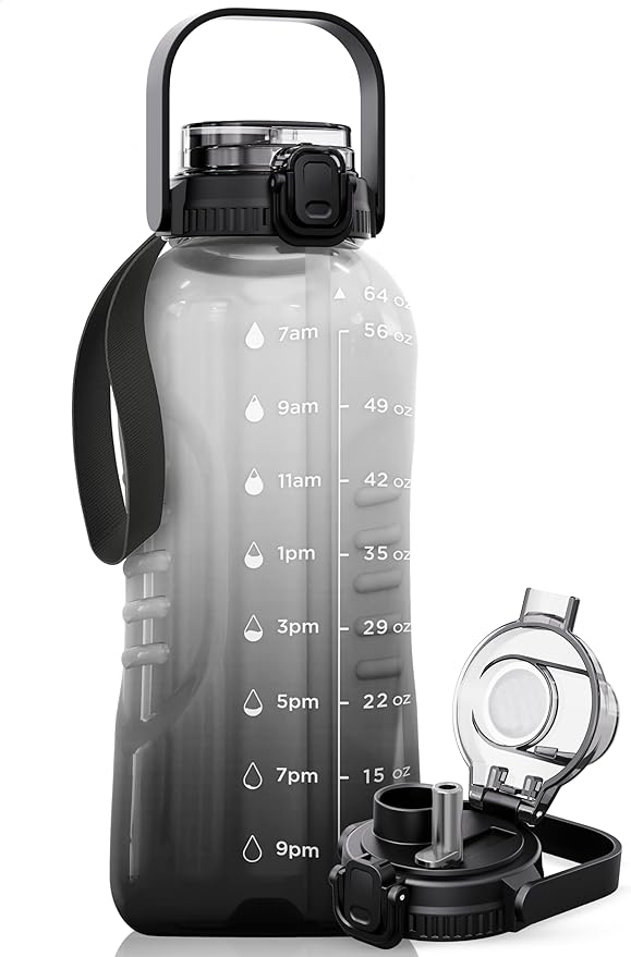 AQUAFIT 64 oz Water Bottle with Time Marker - 2in1 Straw &amp; Chug Lid - BPA Free Big Water Bottle with Straw - Gym Water Bottle with Strap - Water Jug (64 Ounces, Midnight Gray)